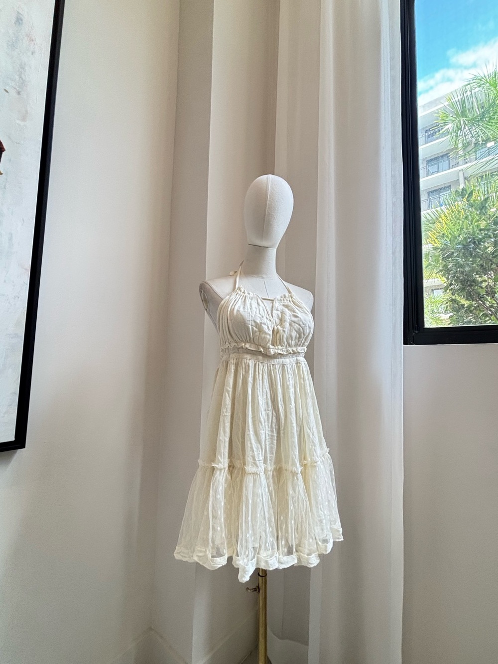 R.Vivimos White Swiss Dot Halter Tiered Mini Dress size M